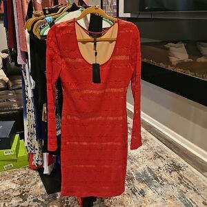 BCBGMaxAzria Red Long Sleeve Lace Dress